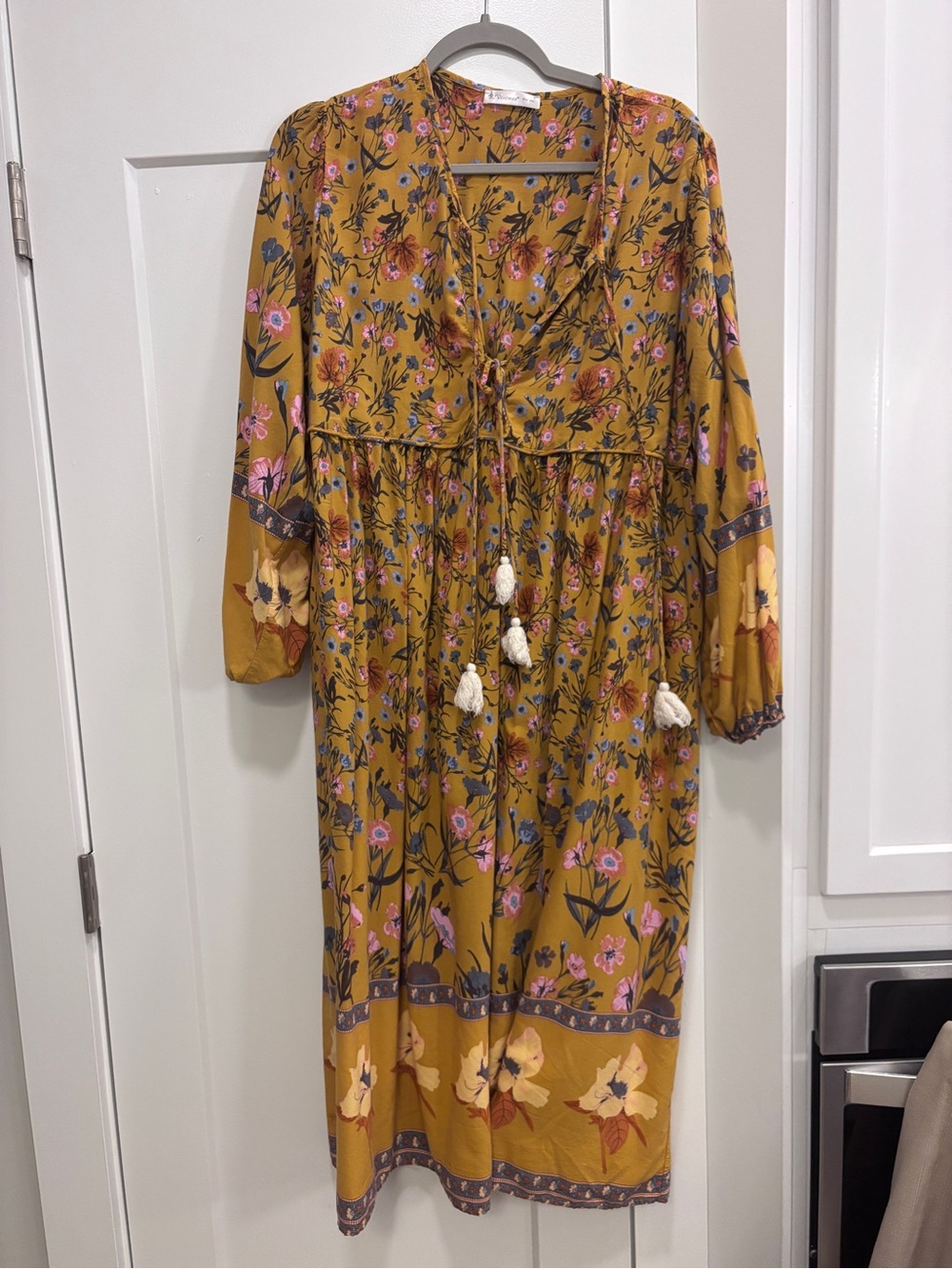 Women's Mustard Floral Midi Dress with Tassel Tie